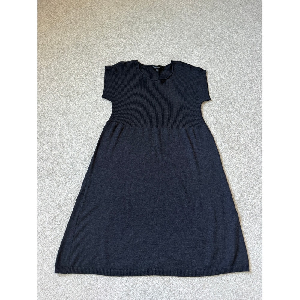 Eileen Fisher‎ Gray 100% Wool Ribbed Knit Short Sleeve Midi Dress Large L